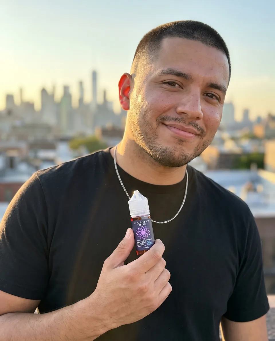 Man on a Brooklyn rooftop at sunset holding a Bluestar Lotus 30ml bottle