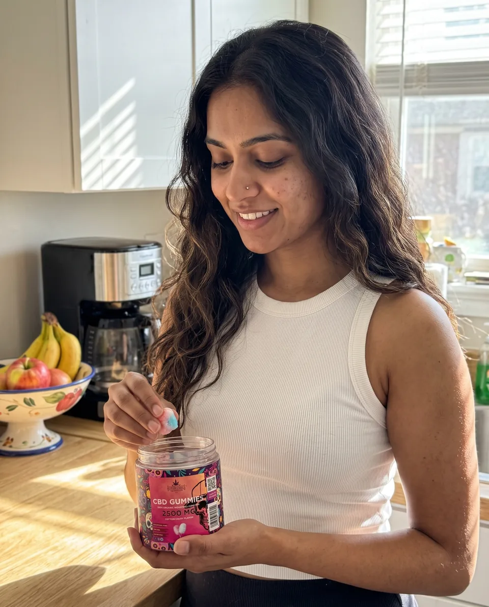 Woman in a sunny kitchen taking a gummy from a CBD Gummies Jar