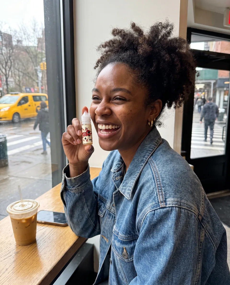 Woman laughing in a New York coffee shop, holding a bottle of The Joker CBD vape juice
