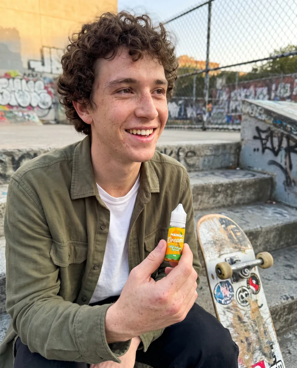 Young man at a skate spot holding a bottle of Mango Dreams CBD vape juice