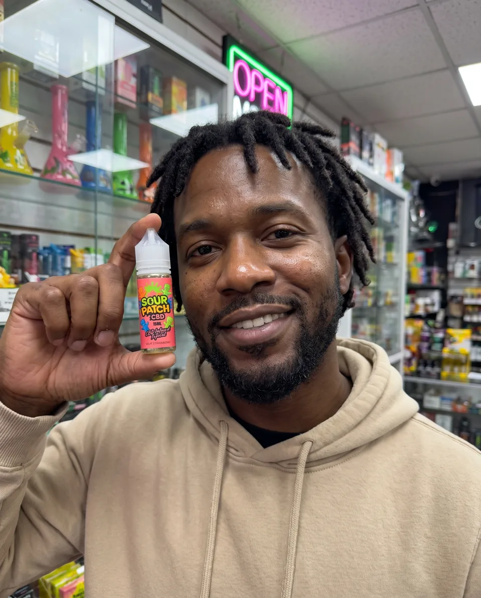 Man at a smoke shop counter holding a bottle of Sour Patch CBD vape juice