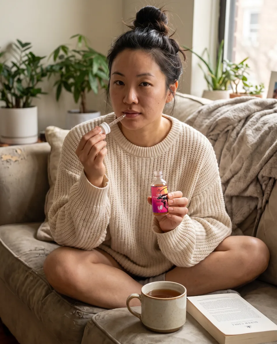 Woman on her couch taking CBD tincture oil with the dropper